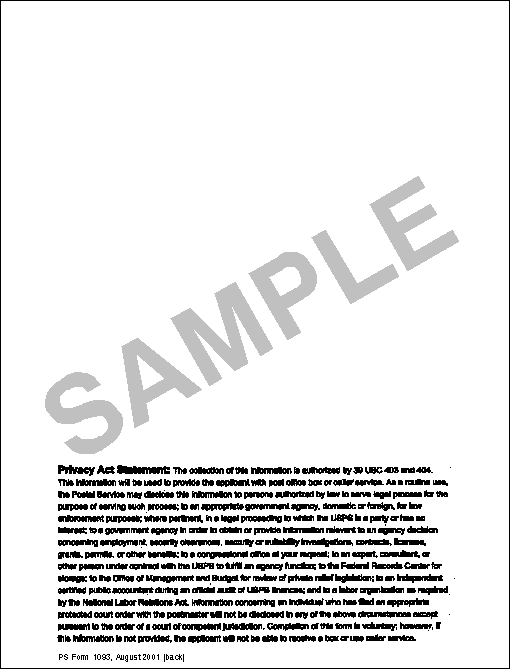 Sample PS Form 1093, Privacy Act Statement - August 2001 (back).